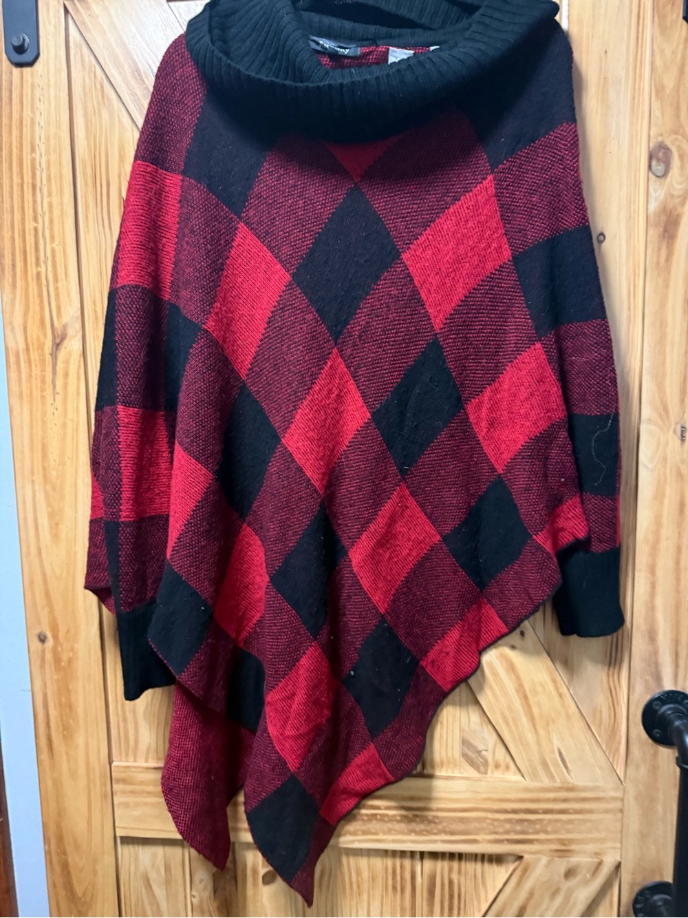 Relativity Red and Black Buffalo Plaid Cowl Neck Poncho
